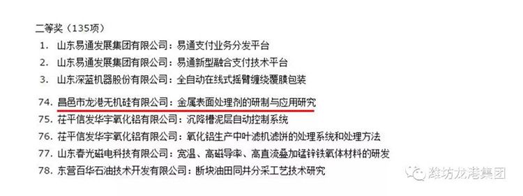 【喜訊】昌邑市龍港無(wú)機(jī)硅有限公司獲山東省技術(shù)創(chuàng)新優(yōu)秀成果和優(yōu)秀新產(chǎn)品一等獎(jiǎng)等多個(gè)獎(jiǎng)項(xiàng)！