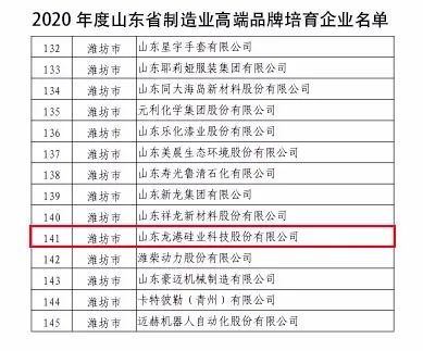 龍港硅業(yè)成功入選“山東省制造業(yè)高端品牌培育企業(yè)”！
